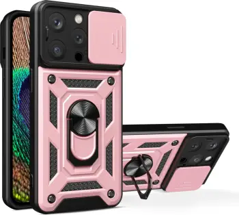 Mbështjellës Hurtel Hybrid Armor Camshield për iPhone 15, me kapak kamere, me qëndrim, rozë