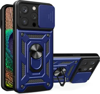 Mbështjellës Hurtel Hybrid Armor Camshield për iPhone 15 Pro, me mbulesë kamere dhe këmbë, Blu