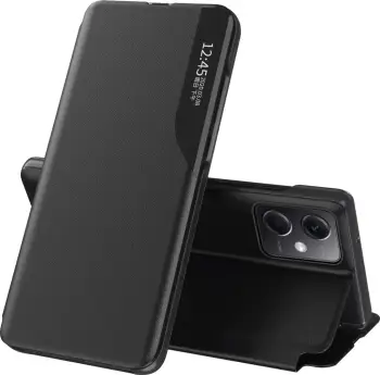 Mbrojtëse telefoni Hurtel Eco Leather View Case për Xiaomi Redmi Note 12 5G Poco X5 5G, me kapak palosës, funksion qëndrues, e zezë