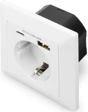 Prizë murale Digitus DA-70615, 1x Schuko, USB A dhe USB C, e bardhë