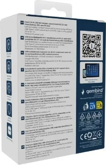 Karikues GEMBIRD TA-UC-2A2C-PD65-01-BK për laptop e celular, 65W, 4 porta USB, i zi