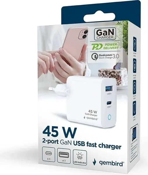 Karikues universal Gembird TA-UC-PDQC45L-W-01, Fast Charge 45W, i bardhë - 3