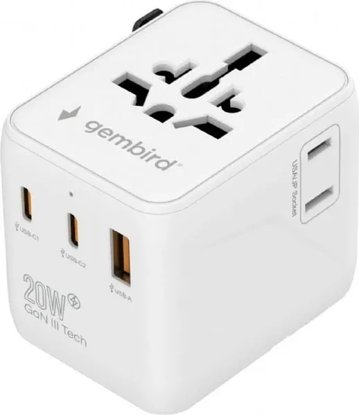 Përshtatës universal udhëtimi Gembird, 20W, 2x USB, USB C, i bardhë - 1