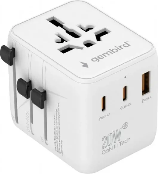 Përshtatës universal udhëtimi Gembird, 20W, 2x USB, USB C, i bardhë - 6