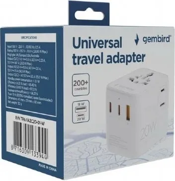 Përshtatës universal udhëtimi Gembird, 20W, 2x USB, USB C, i bardhë - 7
