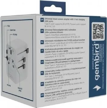Përshtatës universal udhëtimi Gembird, 20W, 2x USB, USB C, i bardhë - 8