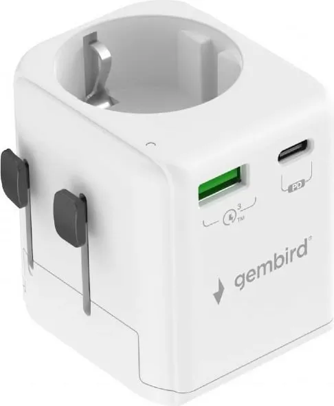 Përshtatës udhëtimi Gembird Grounded Universal, 20W, USB C PD, USB A QC, i bardhë - 2