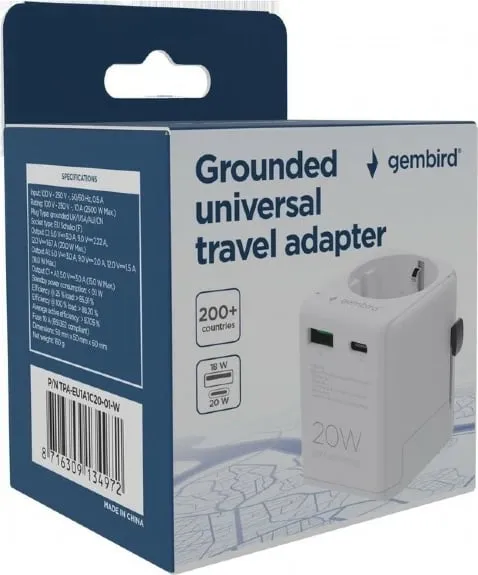 Përshtatës udhëtimi Gembird Grounded Universal, 20W, USB C PD, USB A QC, i bardhë - 7
