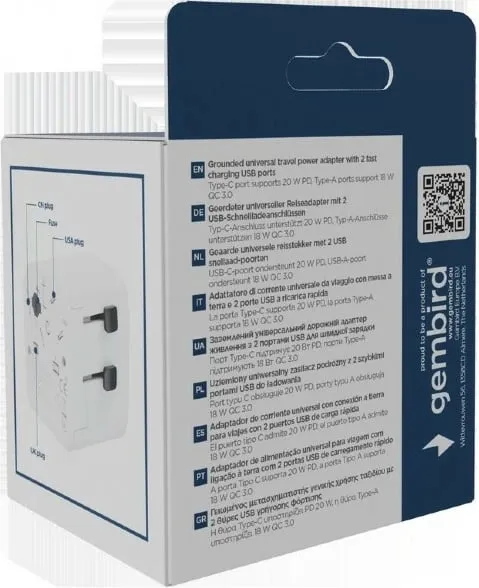 Përshtatës udhëtimi Gembird Grounded Universal, 20W, USB C PD, USB A QC, i bardhë - 8
