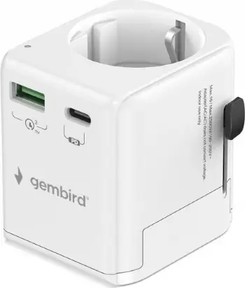 Përshtatës udhëtimi Gembird Grounded Universal, 20W, USB C PD, USB A QC, i bardhë