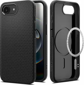 Mbështjellës Spigen Liquid Air Mag MagSafe për iPhone 16e, i zi, gjysmë-transparent