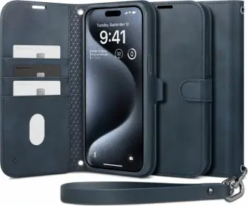 Kapak portofol Spigen Wallet S Pro për iPhone 15 Pro, lëkurë PU, me rrip, blu e errët