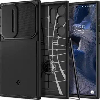 Maskë mbrojtëse Spigen Optik Armor për Samsung Galaxy S23 Ultra, me kapak kamere, e zezë