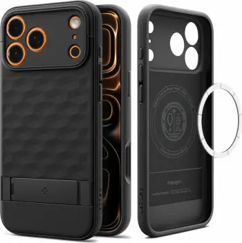Mbështjellës Spigen Parallax S me MagSafe për iPhone 17 Pro, TPU me këmbë mbajtëse, e zezë mat