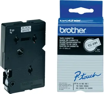 Shirit etikete Brother TC-291, 9mm, 7.7m, zi në bardhë