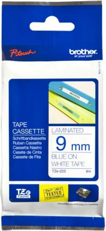 Kasetë shiriti etiketash Brother TZe-223 9 mm e laminuar, P-touch, blu mbi të bardhë