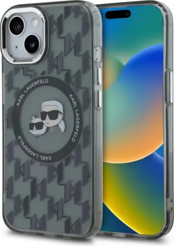Mbështjellës Karl Lagerfeld IML Monogram Karl & Choupette Head MagSafe për iPhone 15 Plus, Zi
