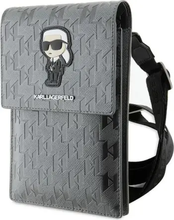 Çantë për celular Karl Lagerfeld Saffiano Monogram Ikonik, argjendtë