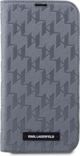 Këllëf telefoni Karl Lagerfeld KLBKP14SSAKLHPG për iPhone 14, tip libër, Saffiano Monogram, argjendtë