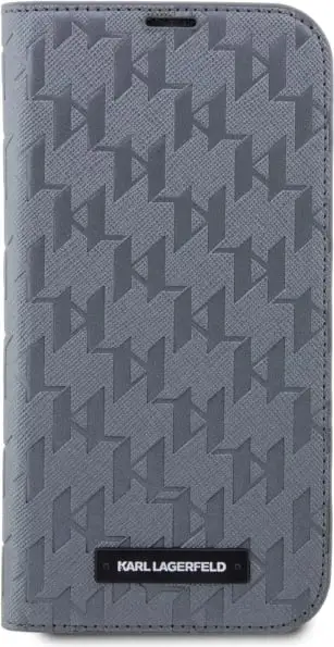 Futrollë libri Karl Lagerfeld KLBKP14LSAKLHPG për iPhone 14 Pro, koleksioni Saffiano Monogram, argjendtë