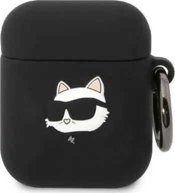 Mbështjellës Karl Lagerfeld KLA2RUNCHK për Apple AirPods 1/2, silikon, dizajn Choupette Head 3D, i zi