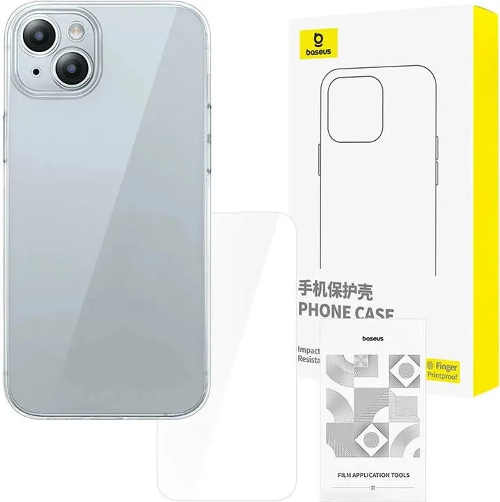 Mbështjellës Baseus për iPhone 15 me xham të temperuar, transparent - 1