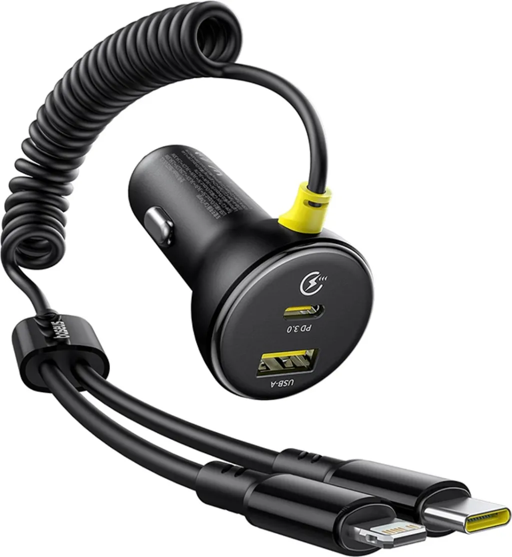 Karikues veture Baseus Circular, 60W, USB-A + USB-C, kabllo e integruar Lightning + USB-C 1.4m, e zezë - 1