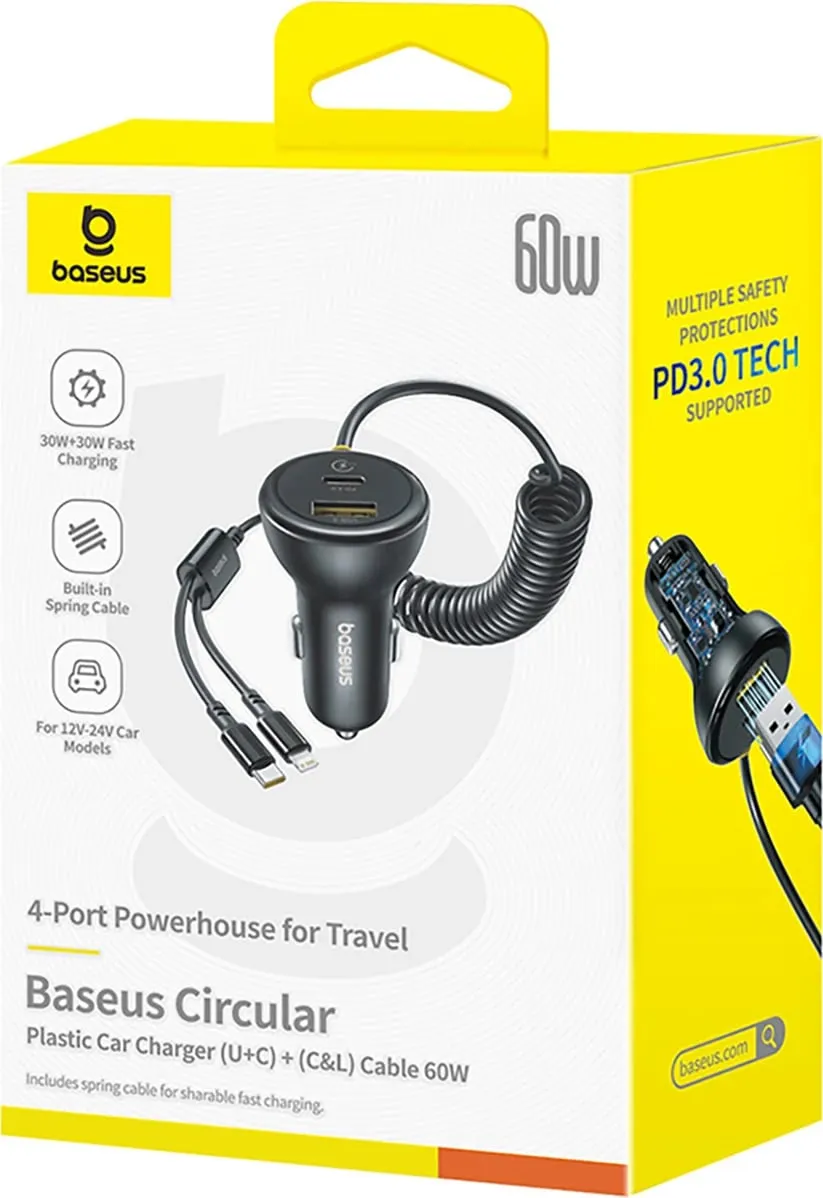 Karikues veture Baseus Circular, 60W, USB-A + USB-C, kabllo e integruar Lightning + USB-C 1.4m, e zezë - 7