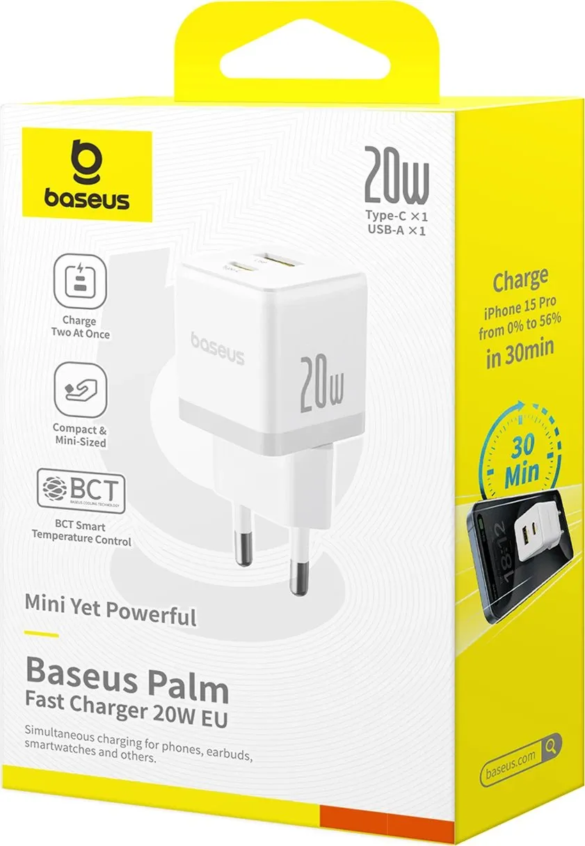 Karikues muri Baseus Palm 20W, USB-C & USB-A, i bardhë - 6