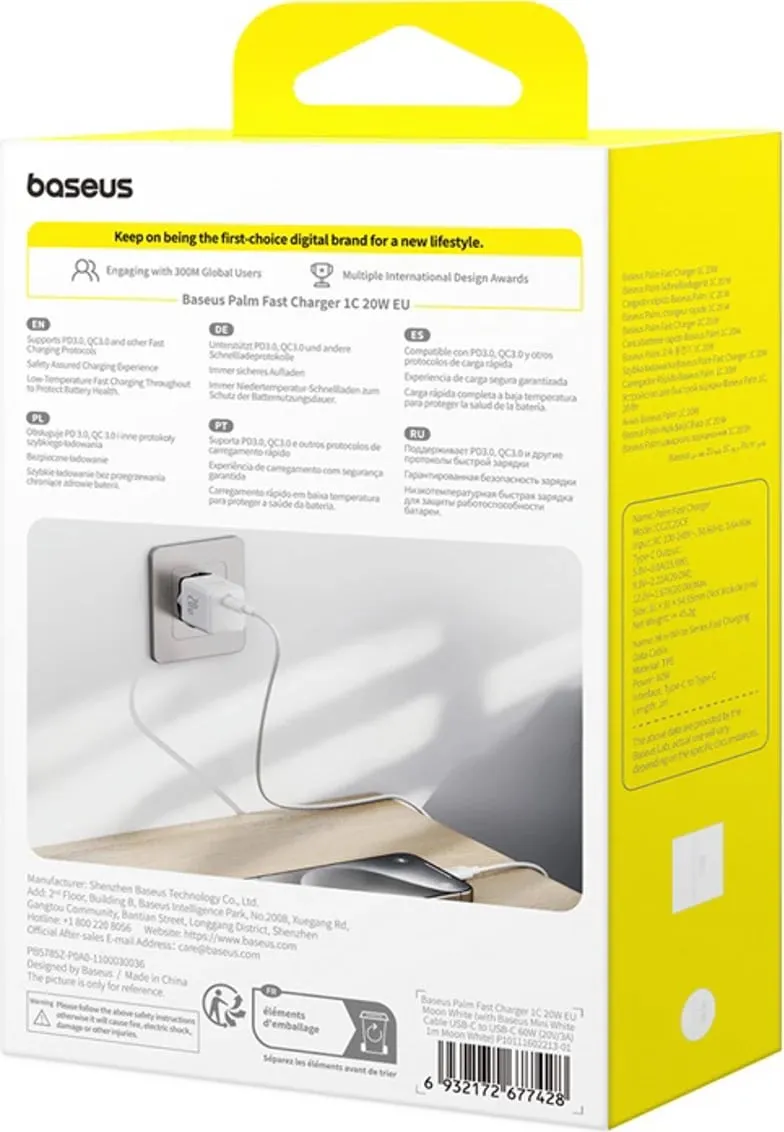 Karikues muri Baseus Palm 1C, 20W, me kabllo USB-C 1m, Bardhë - 6