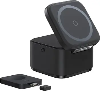 Karikues wireless 3-në-1 Baseus MagPro, 25W, MagSafe, për telefon, kufje e smartwatch, i zi