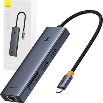 Hub USB-C 7-në-1, Baseus UltraJoy B00052805813-00, HDMI 4K@60Hz, 2x USB 3.0 5Gbps, RJ45 1Gbps, SD/TF, PD 100W, gri