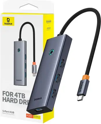 Hub USB 5-në-1, Baseus UltraJoy BS-OH149, 4x USB 3.0 + USB-C PD 100W, gri