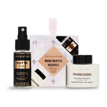 Set kozmetik Revolution Mini Matte Heroes, sprej diksues për make-up 30 ml + pudër për fytyrë 10 g