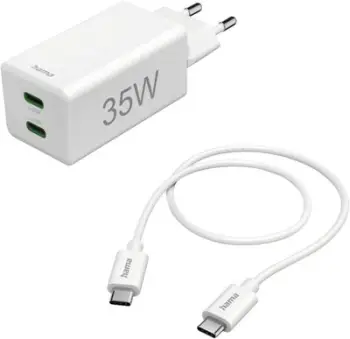 Karikues Hama Fast Charge + Kabllo 1m, 2x USB-C, 35W, i bardhë