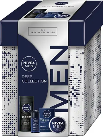 Set për meshkuj Nivea Deep Collection, xhel dushi për trup 250 ml + losion pas rrojës 100 ml + krem universal për lëkurë 75 ml + antiperspirant roll-on 50 ml