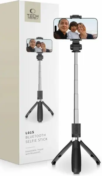 Selfie stick me tripod Tech-Protect L01S, Bluetooth, për smartphone, 70cm, Zi