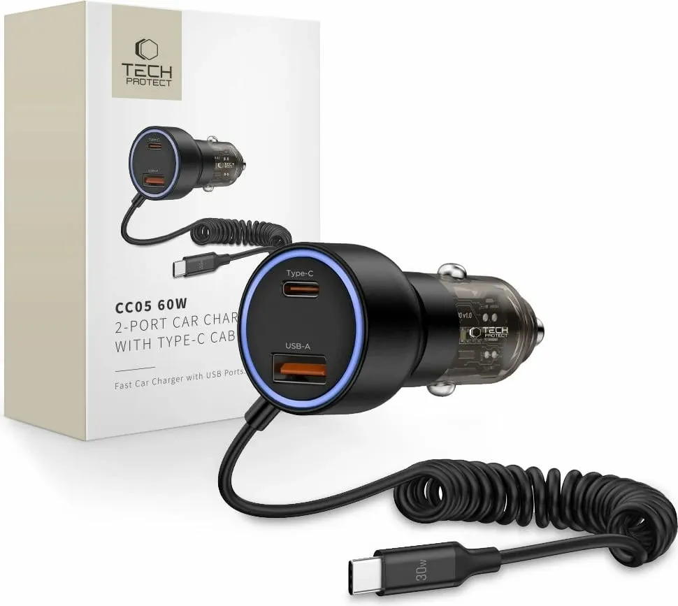 Karikues veture Tech-Protect CC05, 2 porta, 60W, me kabllo USB-C, Zi - 1