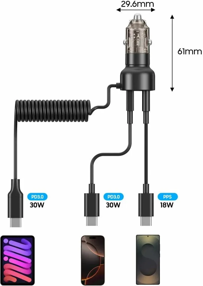 Karikues veture Tech-Protect CC05, 2 porta, 60W, me kabllo USB-C, Zi - 3
