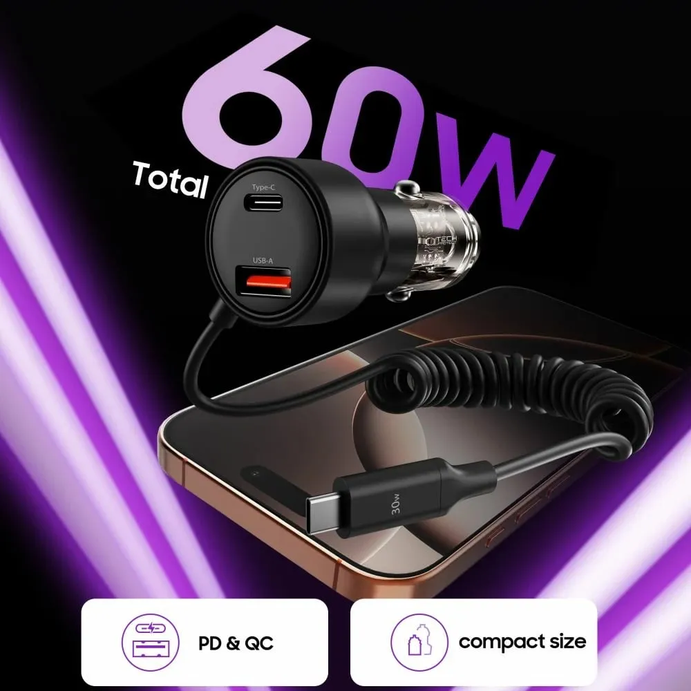 Karikues veture Tech-Protect CC05, 2 porta, 60W, me kabllo USB-C, Zi - 4