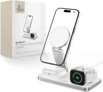 Karikues induktiv 3-në-1 Tech-Protect QI15W-A47 me MagSafe, USB-C, Bardhë