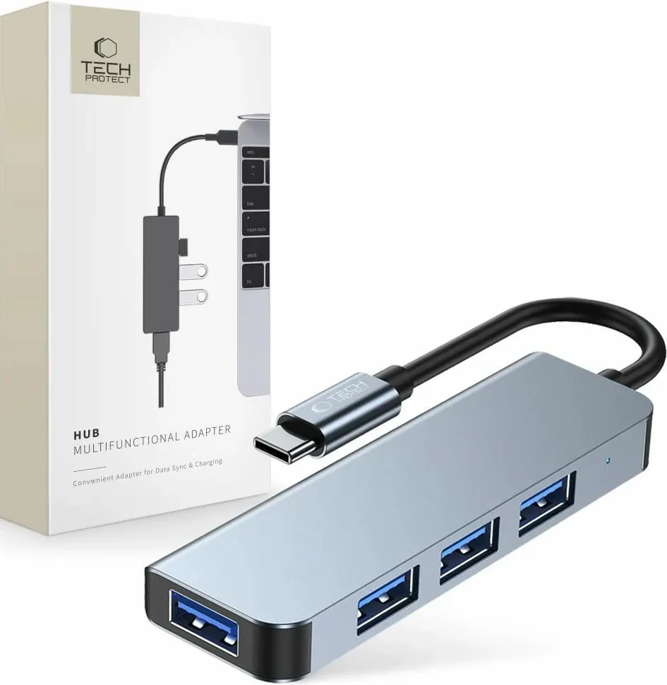 HUB Tech-Protect V1 4in1, USB-C në 3x USB-A 2.0 / USB-A 3.0, Gri - 1