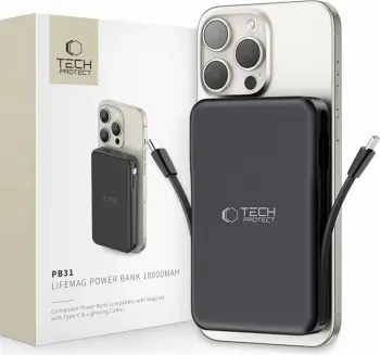 Power bank Tech-Protect LifeMag PB31, 10000mAh, MagSafe, USB-C/USB-A, kabllo të integruara, e zezë