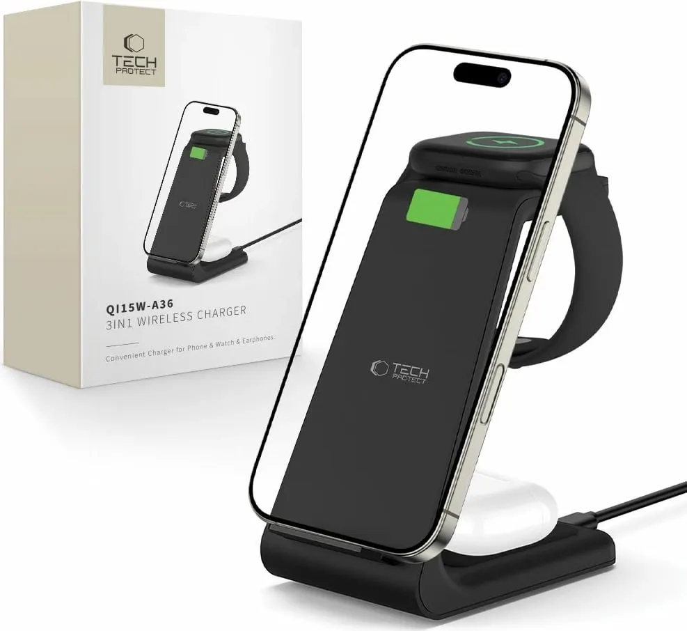 Stacion karikimi 3-në-1 Tech-Protect QI15W-A36 për Apple, i zi - 1