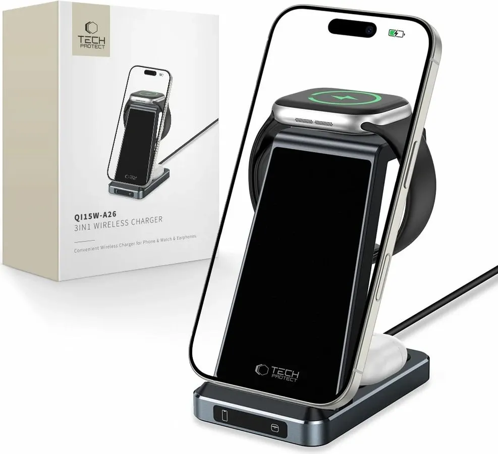 Karikues wireless 3-në-1 Tech-Protect QI15W-A26, 15W, për celular, smartwatch dhe kufje, i zi - 1