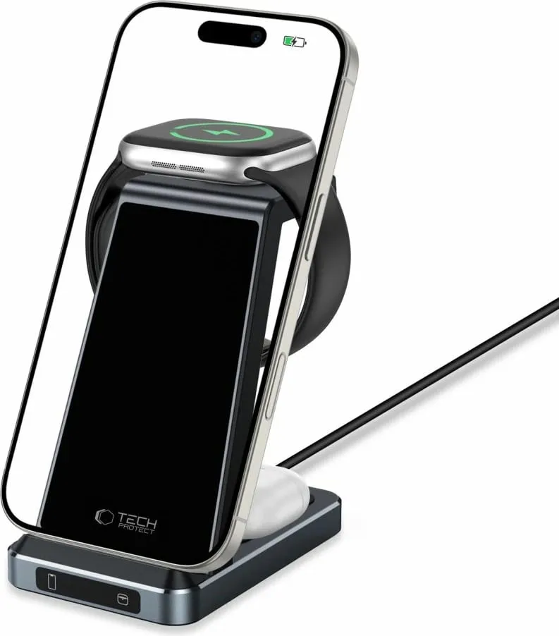 Karikues wireless 3-në-1 Tech-Protect QI15W-A26, 15W, për celular, smartwatch dhe kufje, i zi - 2