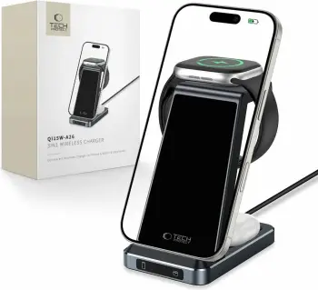 Karikues wireless 3-në-1 Tech-Protect QI15W-A26, 15W, për celular, smartwatch dhe kufje, i zi