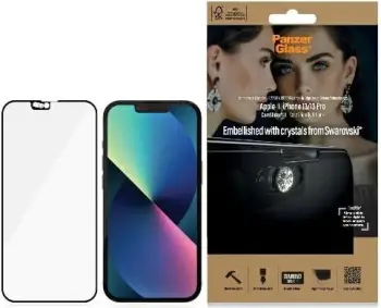 Xham mbrojtës PanzerGlass E2E Microfracture për iPhone 13/13 Pro, me kristal Swarovski, kornizë e zezë
