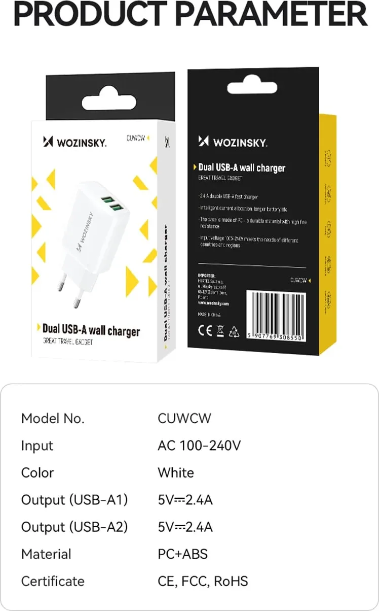 Karikues muri Wozinsky CUWCW, 2 x USB-A, 2.4A, i bardhë - 5