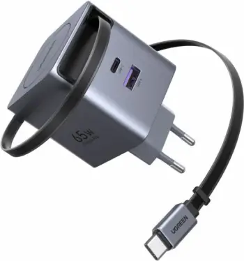 Karikues GaN UGREEN 65W me kabllo tërheqëse, USB C, i zi